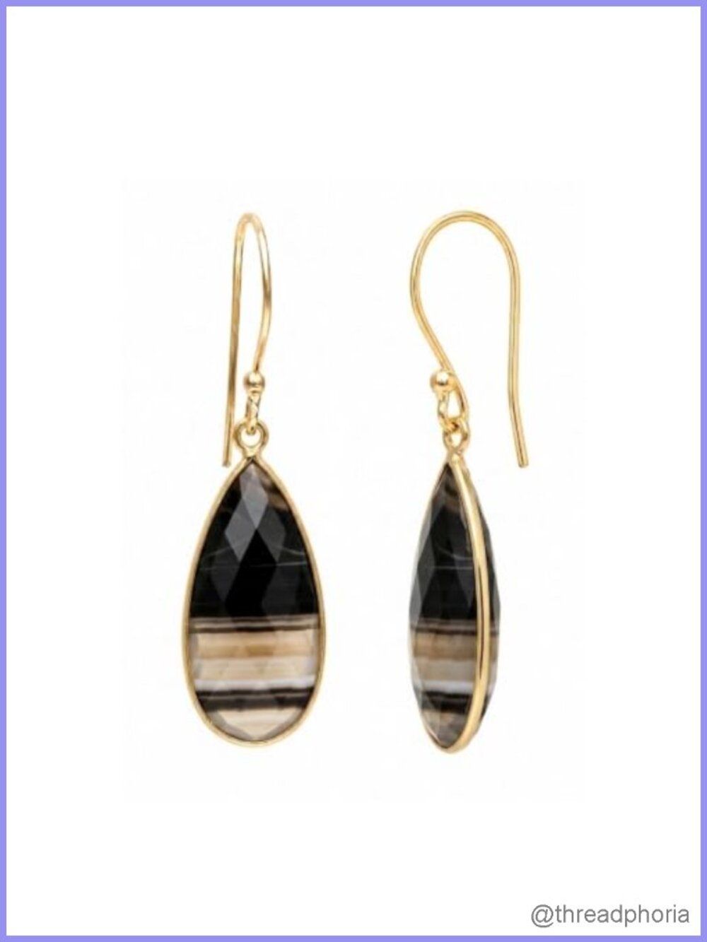 Faceted Banded Agate Long Drop Dangle Earrings 14K Gold Plated Hypoallergenic